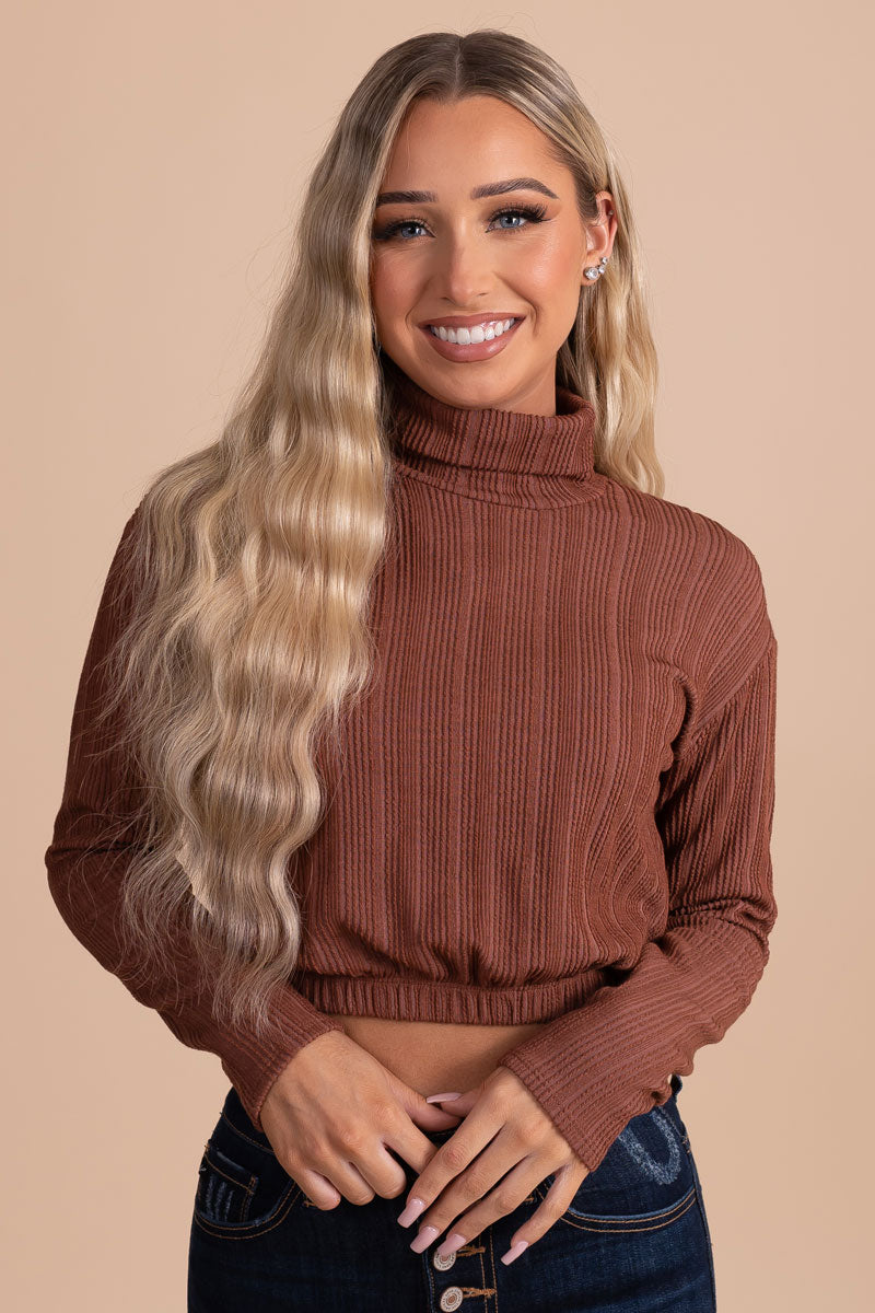 women's red ribbed turtleneck top