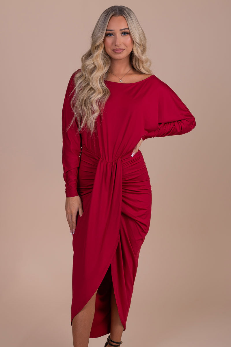 women's red long sleeve midi dress