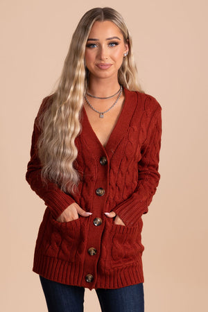 brick red button up cardigan sweater