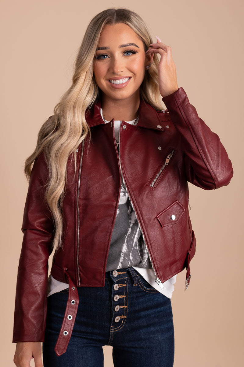 women's dark burgundy red leather jacket