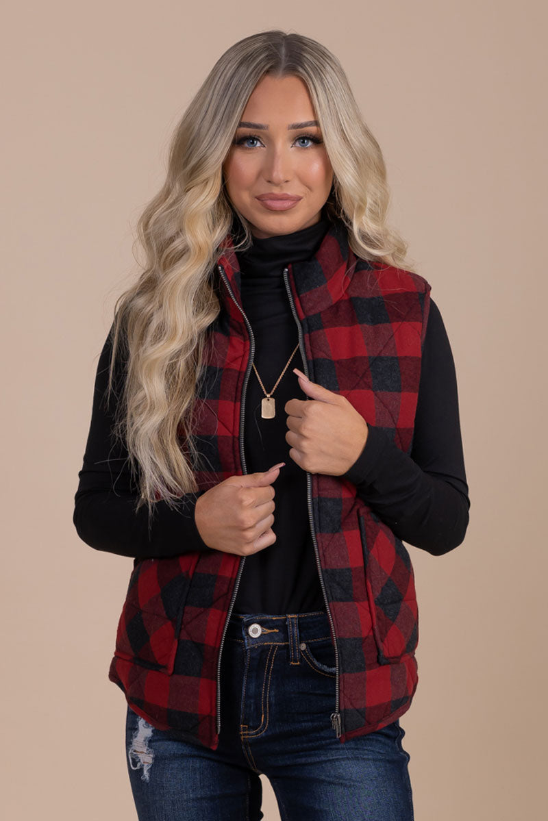 red and black buffalo plaid vest for fall and winter