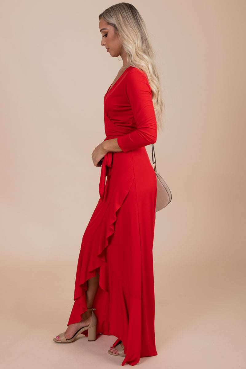 bright red women's maxi dress with faux wrap bodice