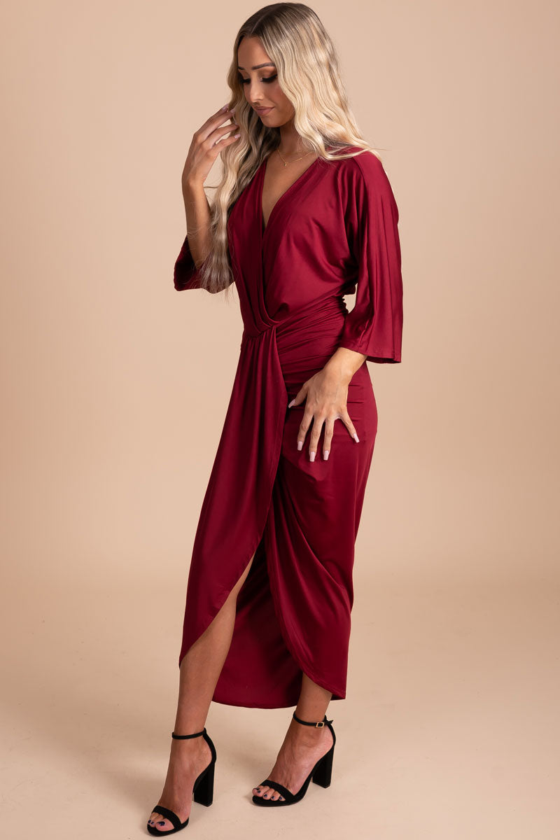 3/4 sleeve red midi dress for holidays