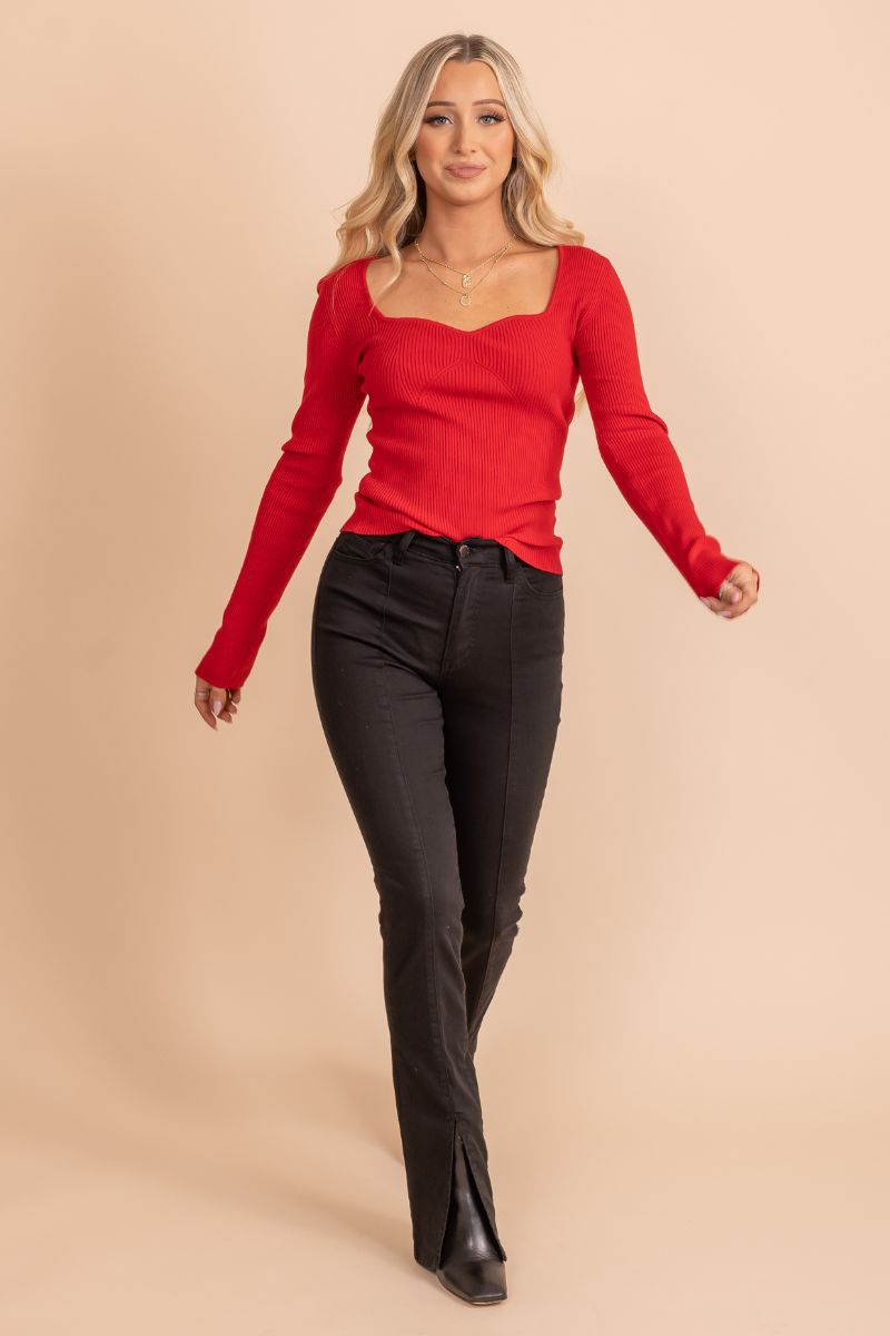 ribbed long sleeve bright red top