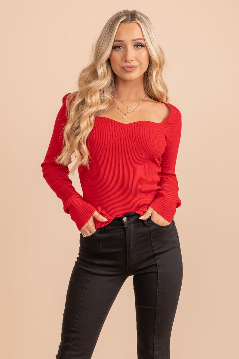 bright red women's long sleeve top