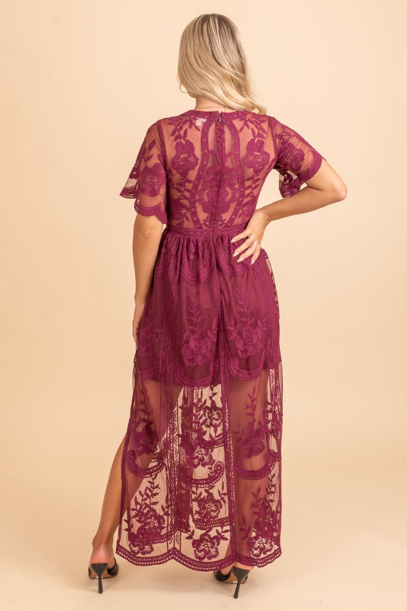 lace v neck lace red maxi dress
