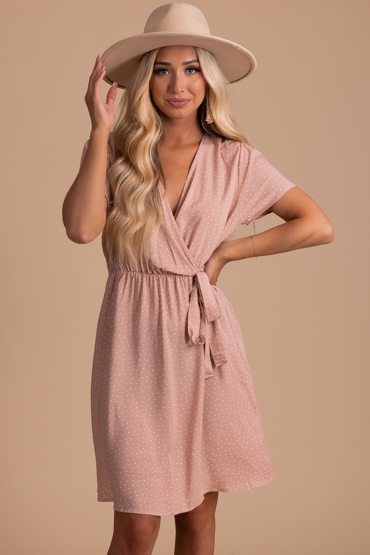 Pink Faux Wrap Style Boutique Mini Dresses for Women