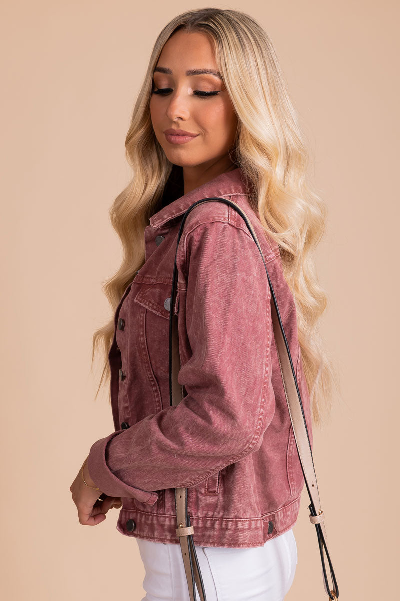 boutique button close pink acid wash denim jacket for fall and winter