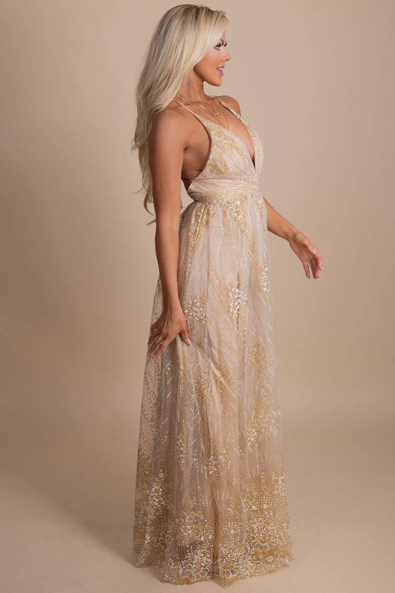 boutique champagne floor length gown