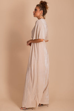 Special Occasion Long Dress with Flowy Short Sleeves and V Neck in Champagne Light Pink