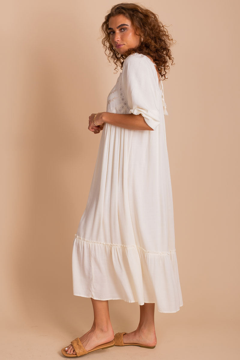 women's midi length peasant style cream dress