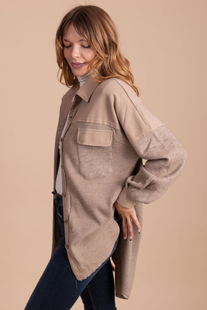 women's boutique long sleeve button front shacket