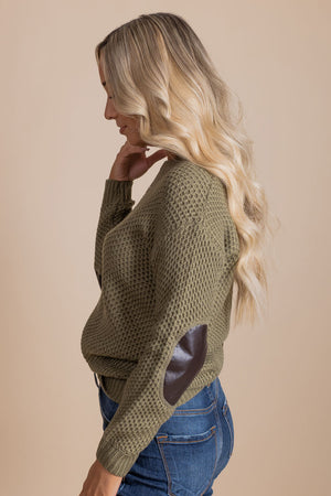 Olive Green Sweater with elbow patches for women