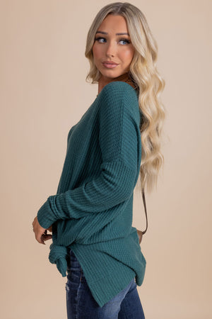 women's dark emerald green waffle knit top for fall