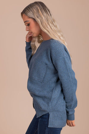 women's dark blue sweater with front chest pocket