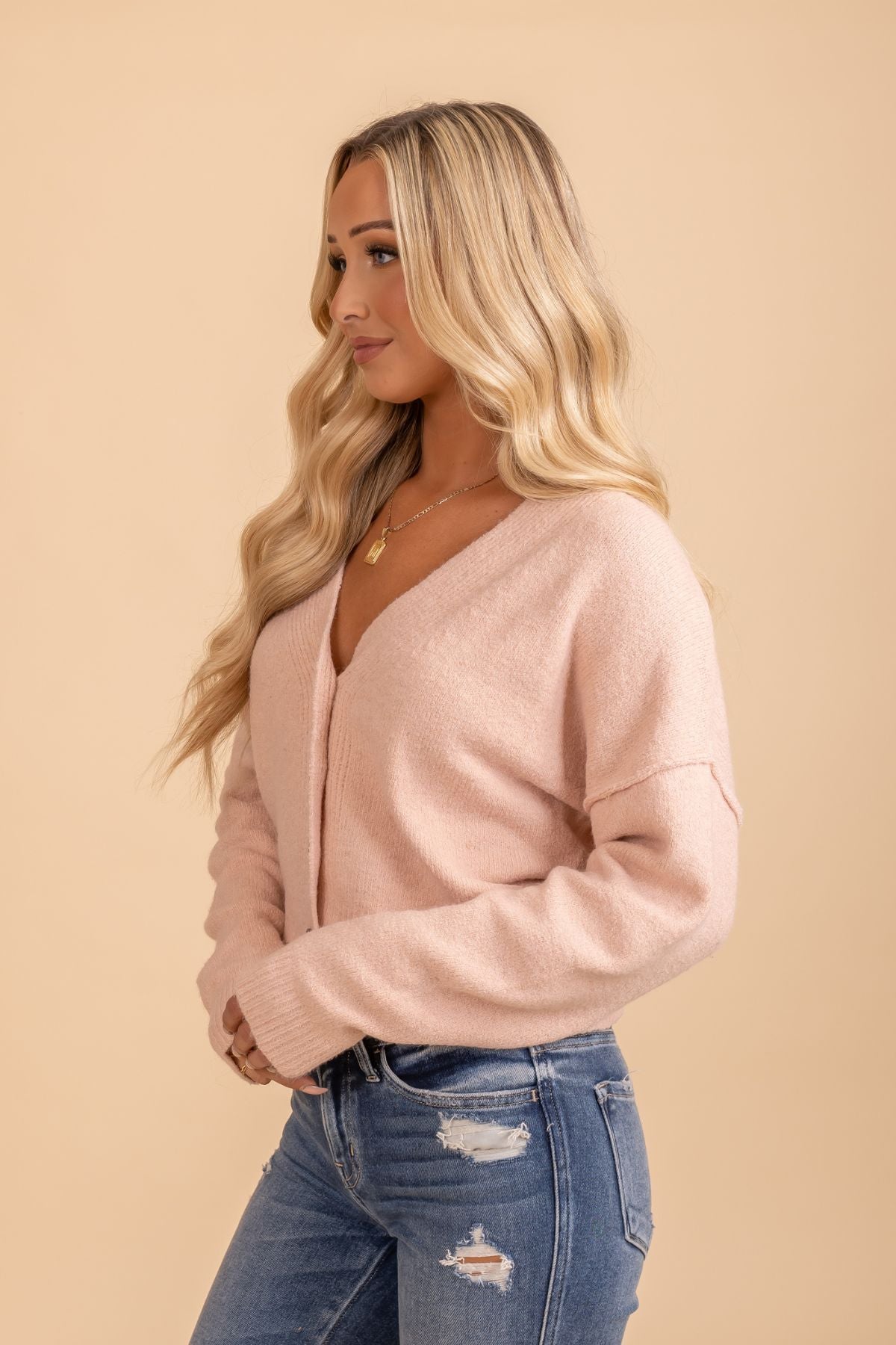 Pink long sleeve v neck sweater 