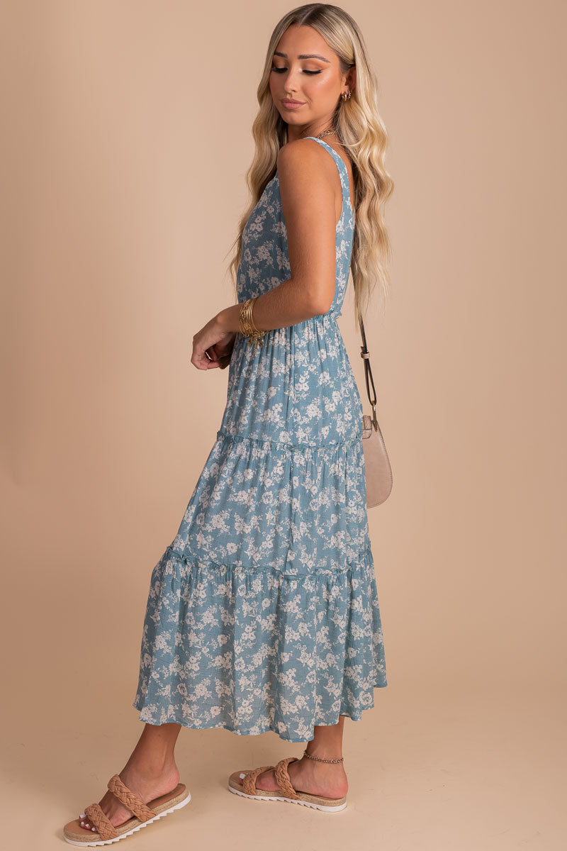 Boutique Blue Tiered Maxi Dress with Floral Details