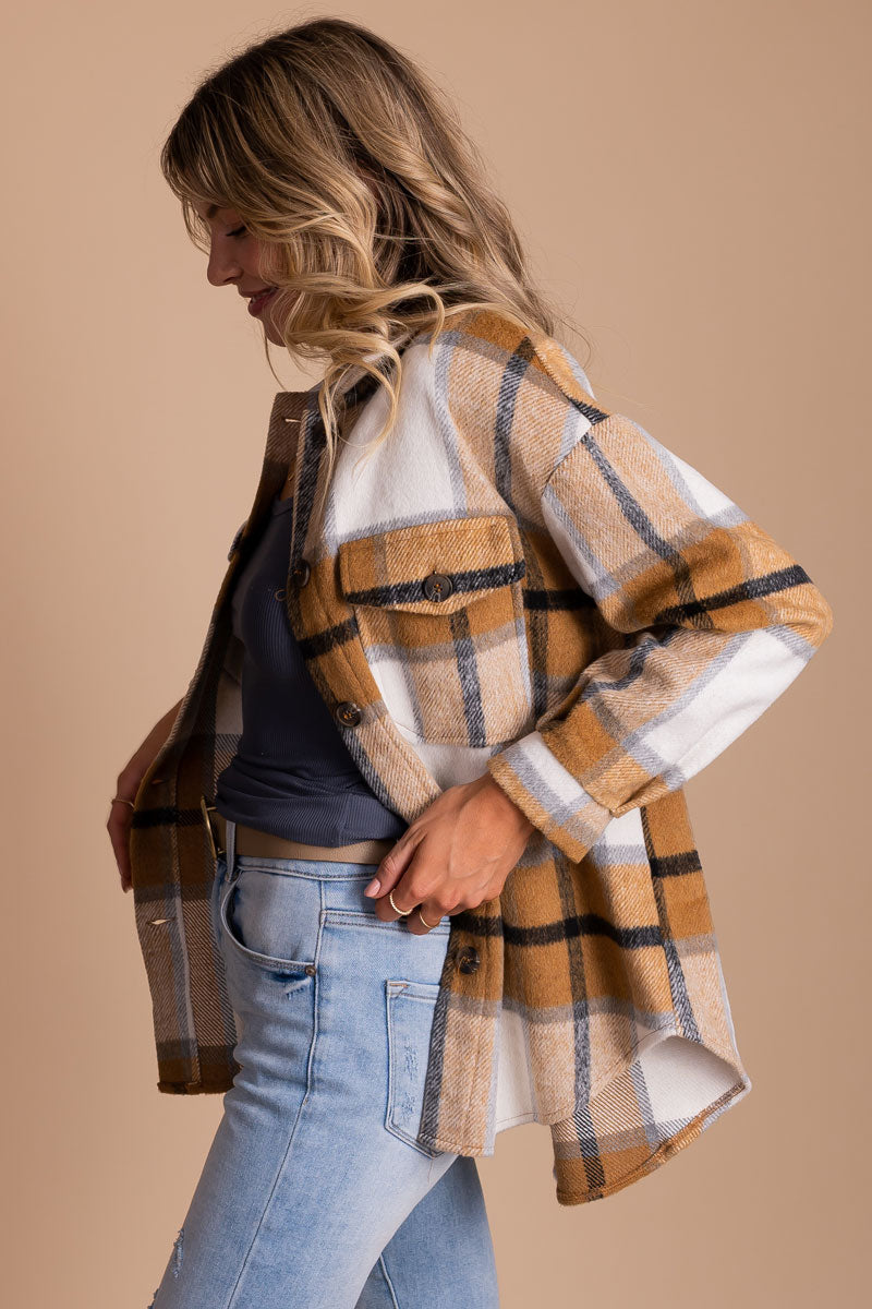 women's boutique plaid long sleeve jacket for fall