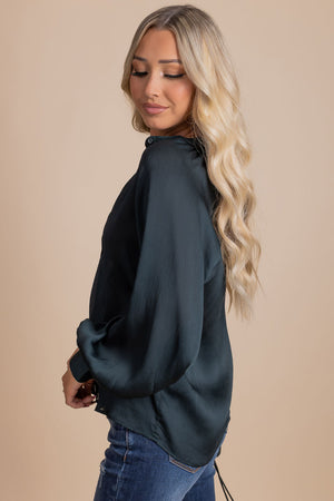 green long puff sleeve button front top