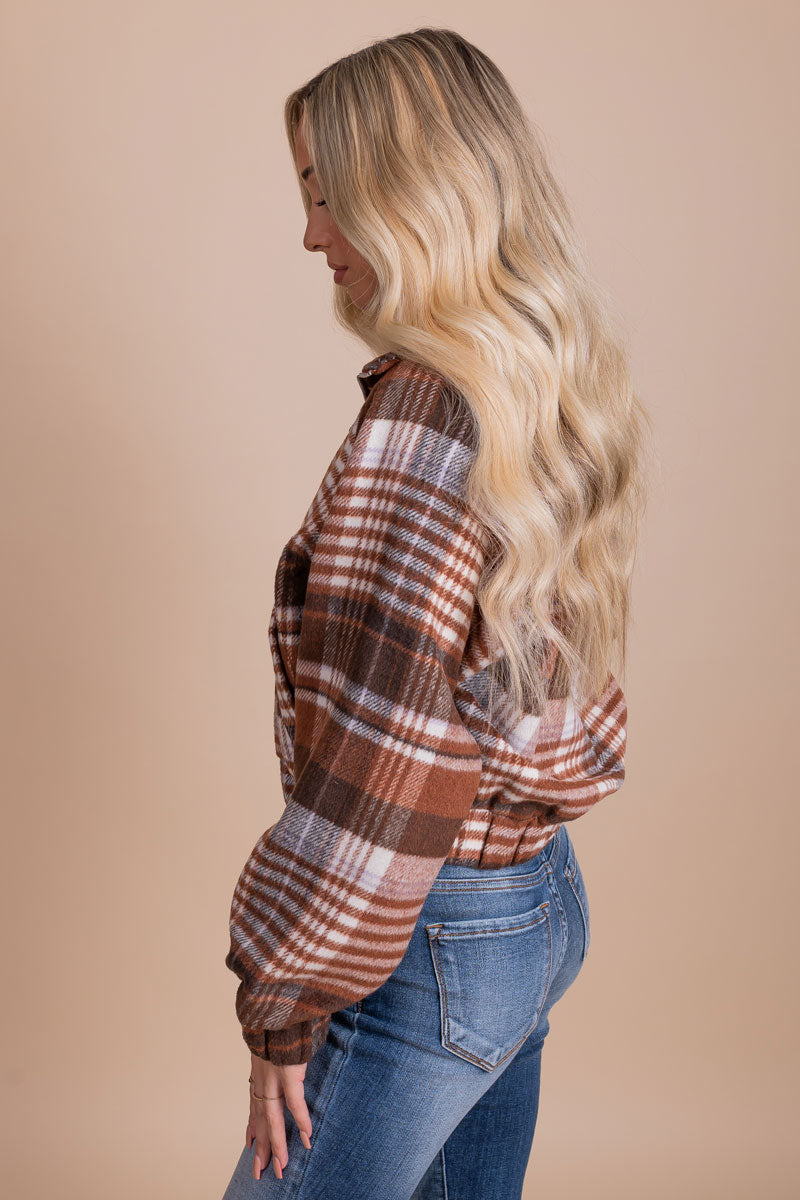 trendy cropped plaid zip up jacket for fall and winter