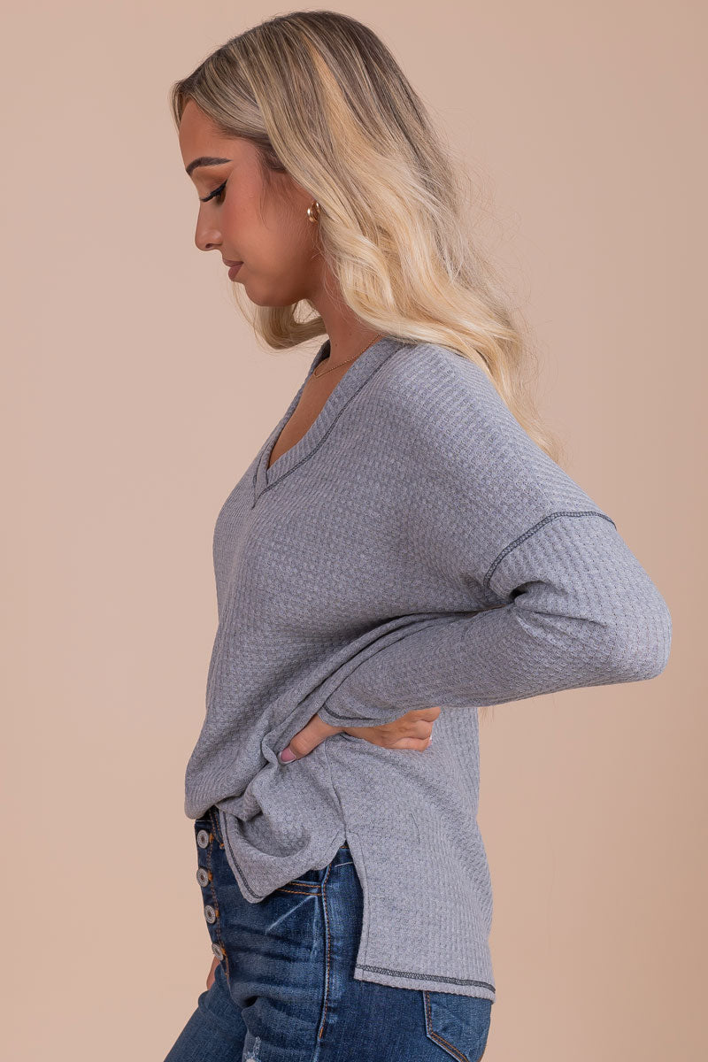 women's boutique light gray waffle top for fall and winter