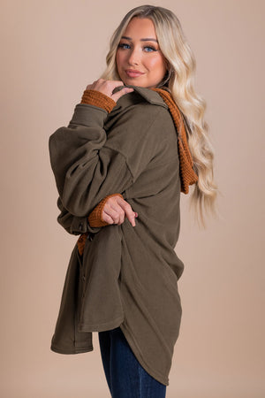 boutique women's olive green button up 