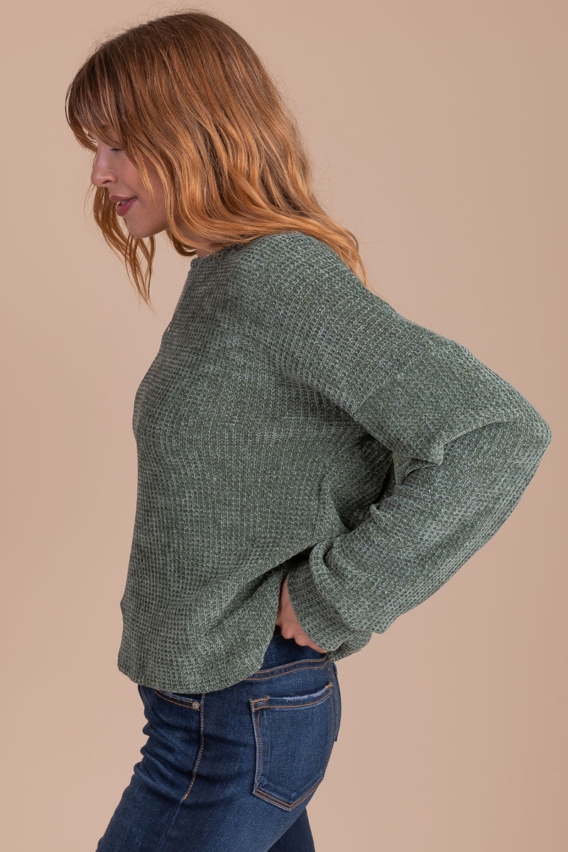 women's long sleeve olive green knit sweater