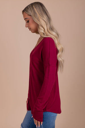 Women's Burgundy Red Long Sleeve Boutique Top