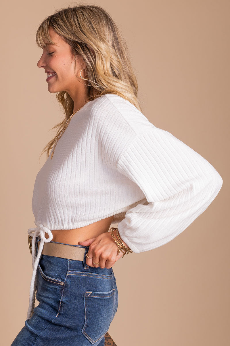 boutique women's white cropped pullover sweater for fall