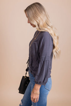 Women's Charcoal Gray Texture Accented Boutique Tops