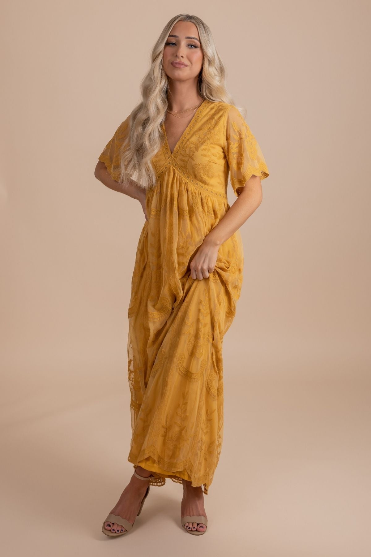 Women's Yellow Lace Maxi Dress