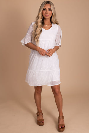 Women's Tiered Mini Dress in White with Star Pattern