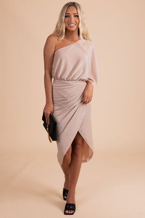 special occasion dress in shimmery champagne with one-shoulder design
