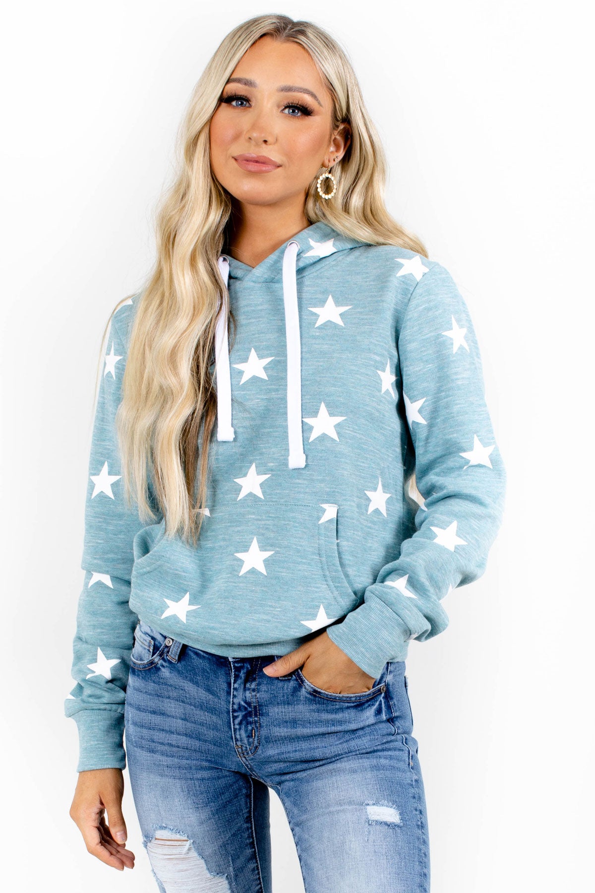 boutique hooded top with star patterns blue color