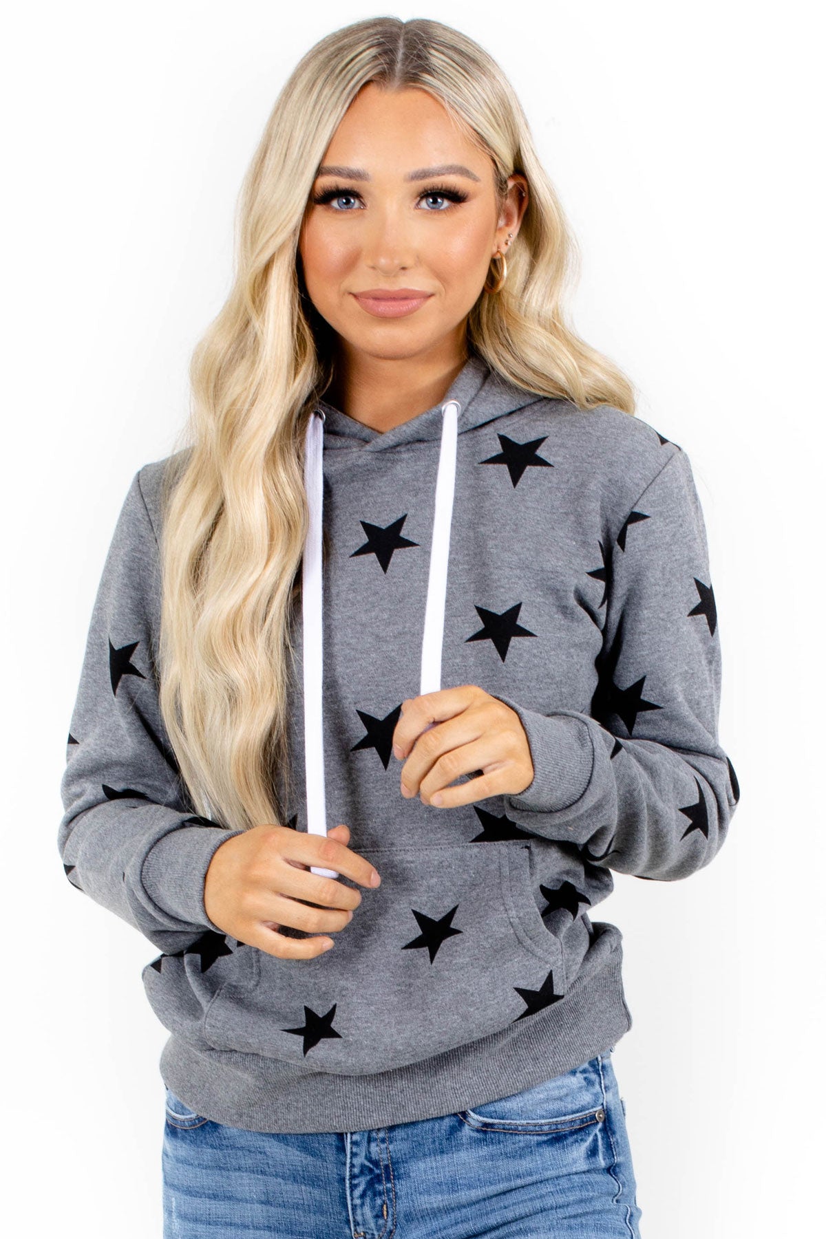 star patterned dark gray hooded top for women