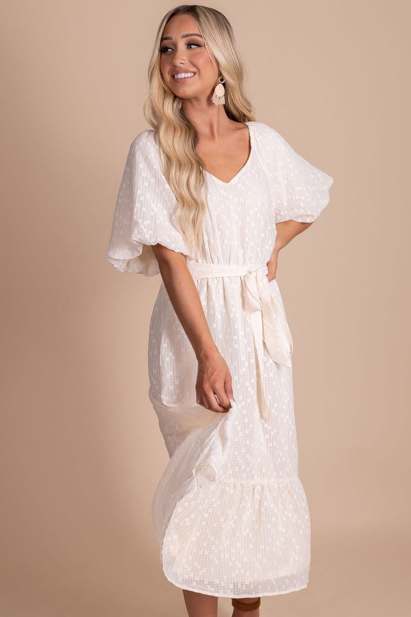 Stitched With Love Puff Sleeve Midi Dress - Off White