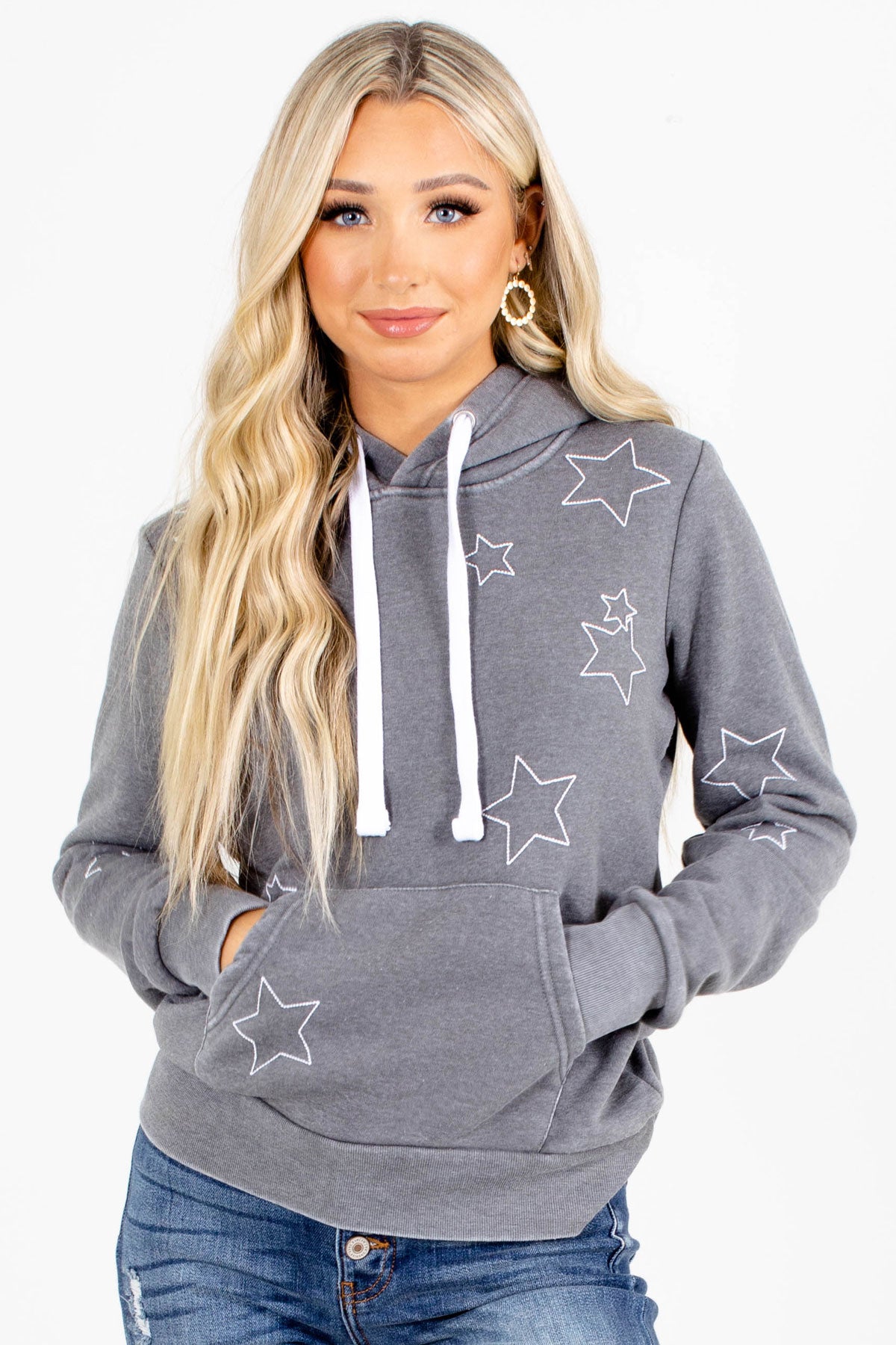 boutique hooded top with pockets and star pattern multiple color optoin