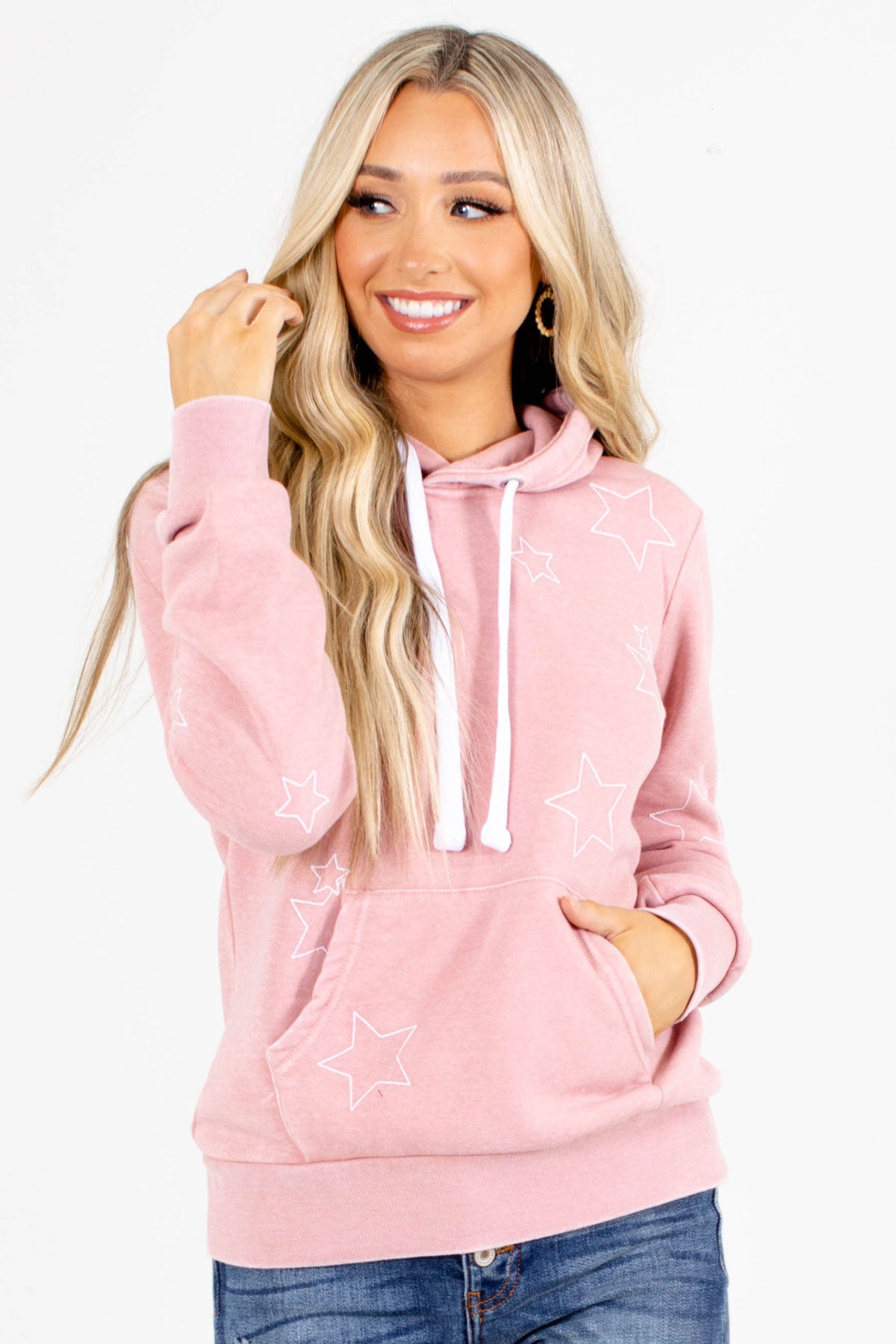 star patterned light pink hooded top for women