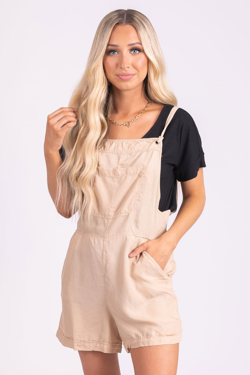 women's boutique light brown overall shorts