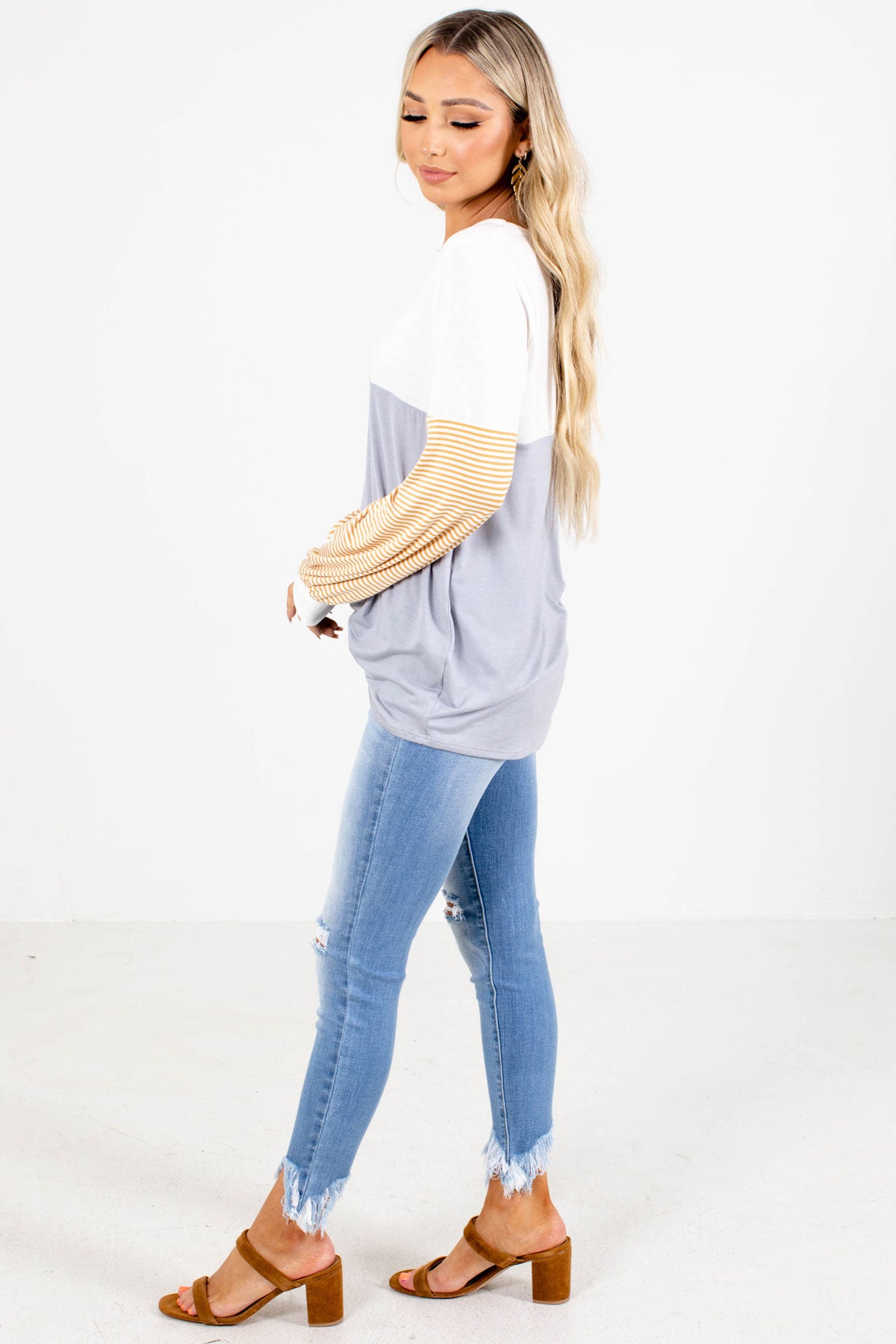 Gray, Yellow, and White Colorblock Long Sleeve Top