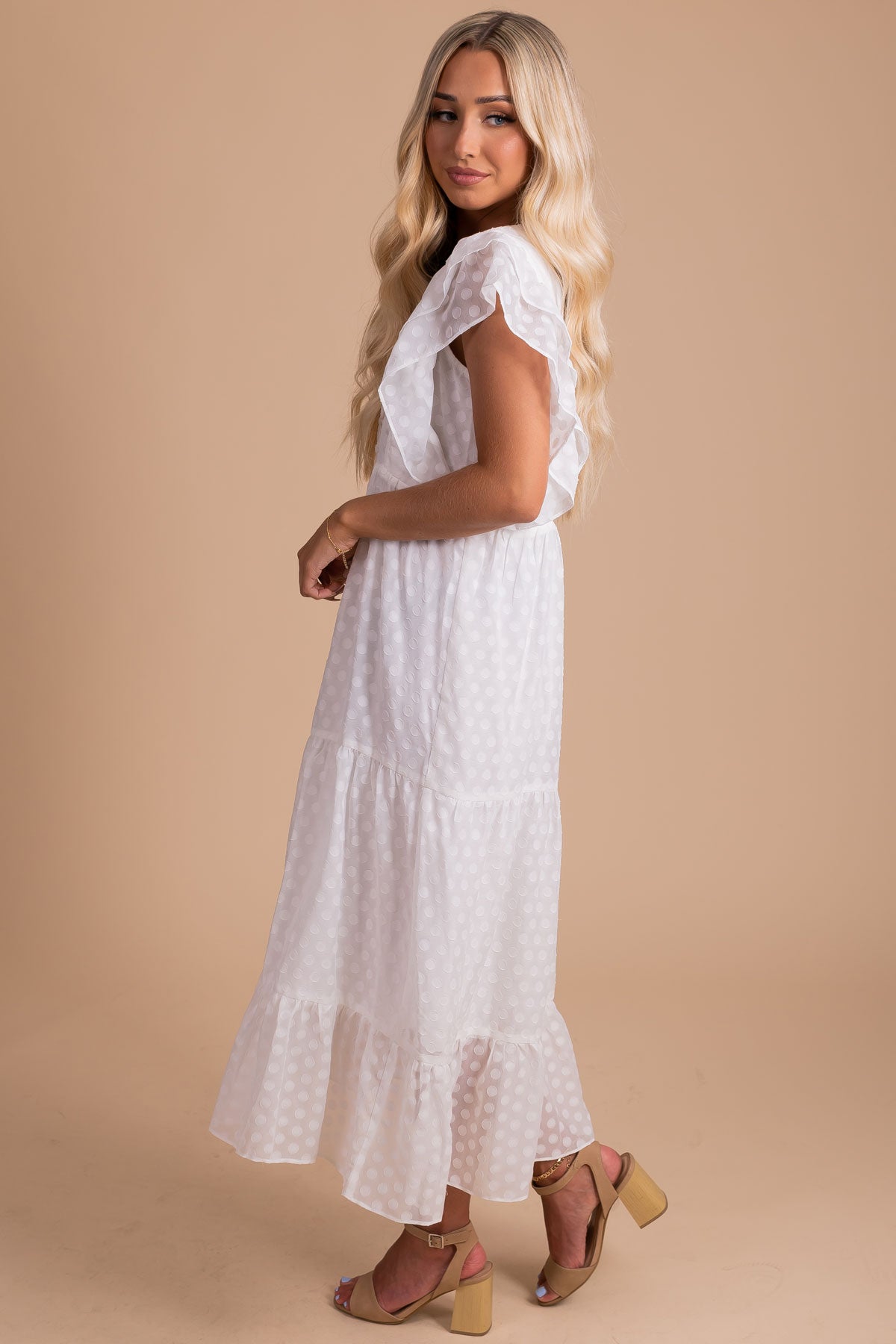 white swiss dot maxi dress for women