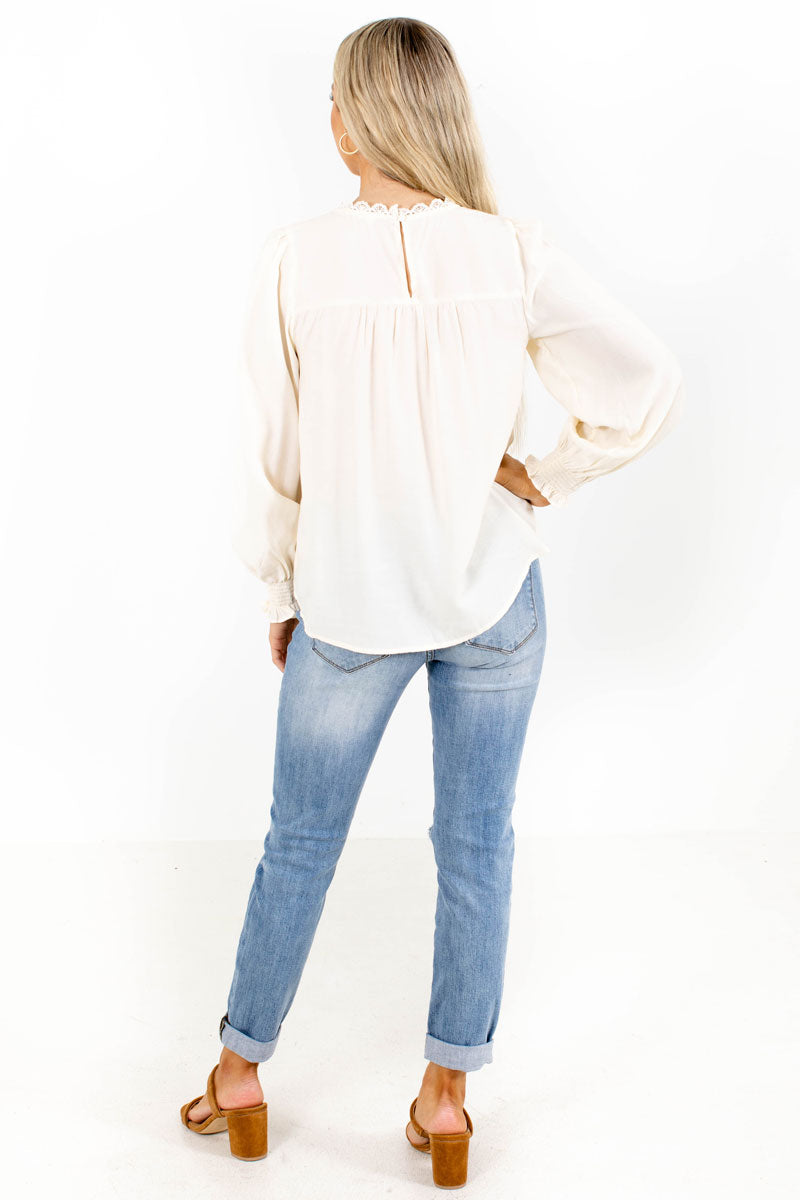 Boutique Blouse in White with Keyhole Back and Long Sleeves