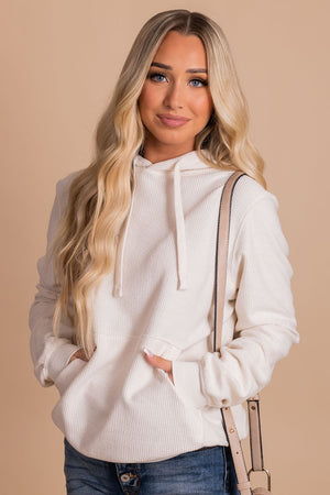 affordable women's white ribbed long sleeve hooded sweater