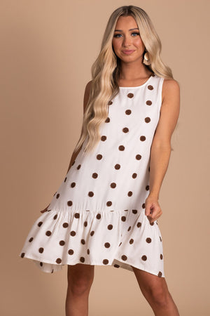 white polkadot dress with brown details for summer