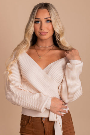women's off-shoulder sweater wrap top with long bubble sleeves
