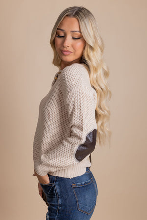 Oatmeal Off White Sweater with Patches on Elbows