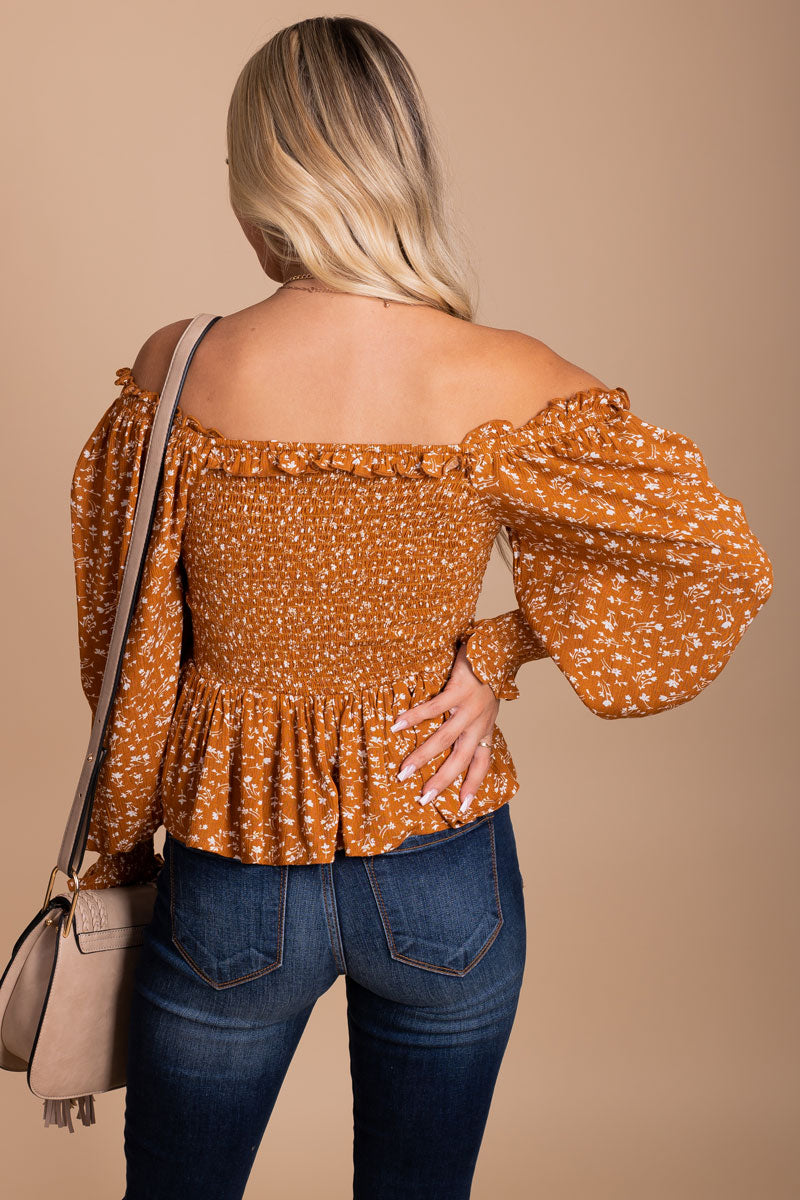 mustard yellow women's floral print top with off shoulder details