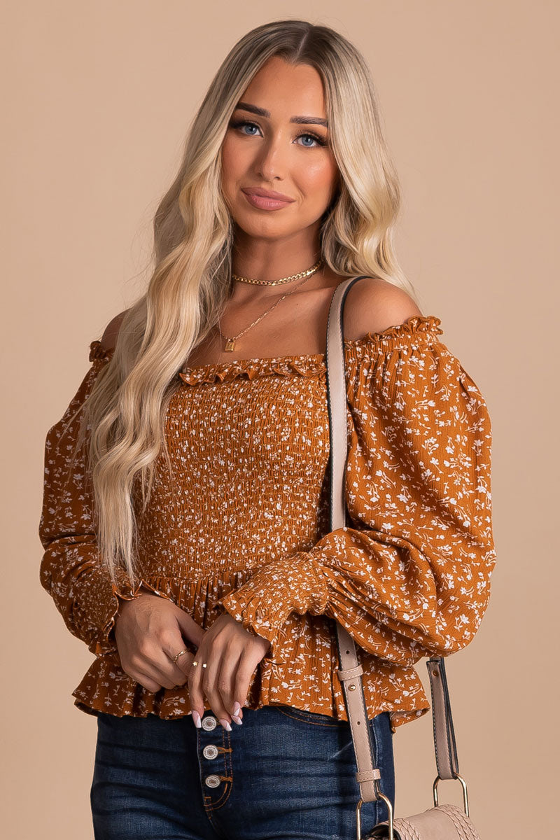 mustard yellow floral shirred off shoulder top