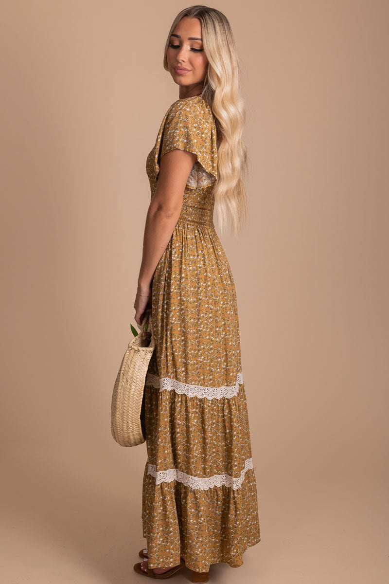 yellow floral maxi dress with lace accents
